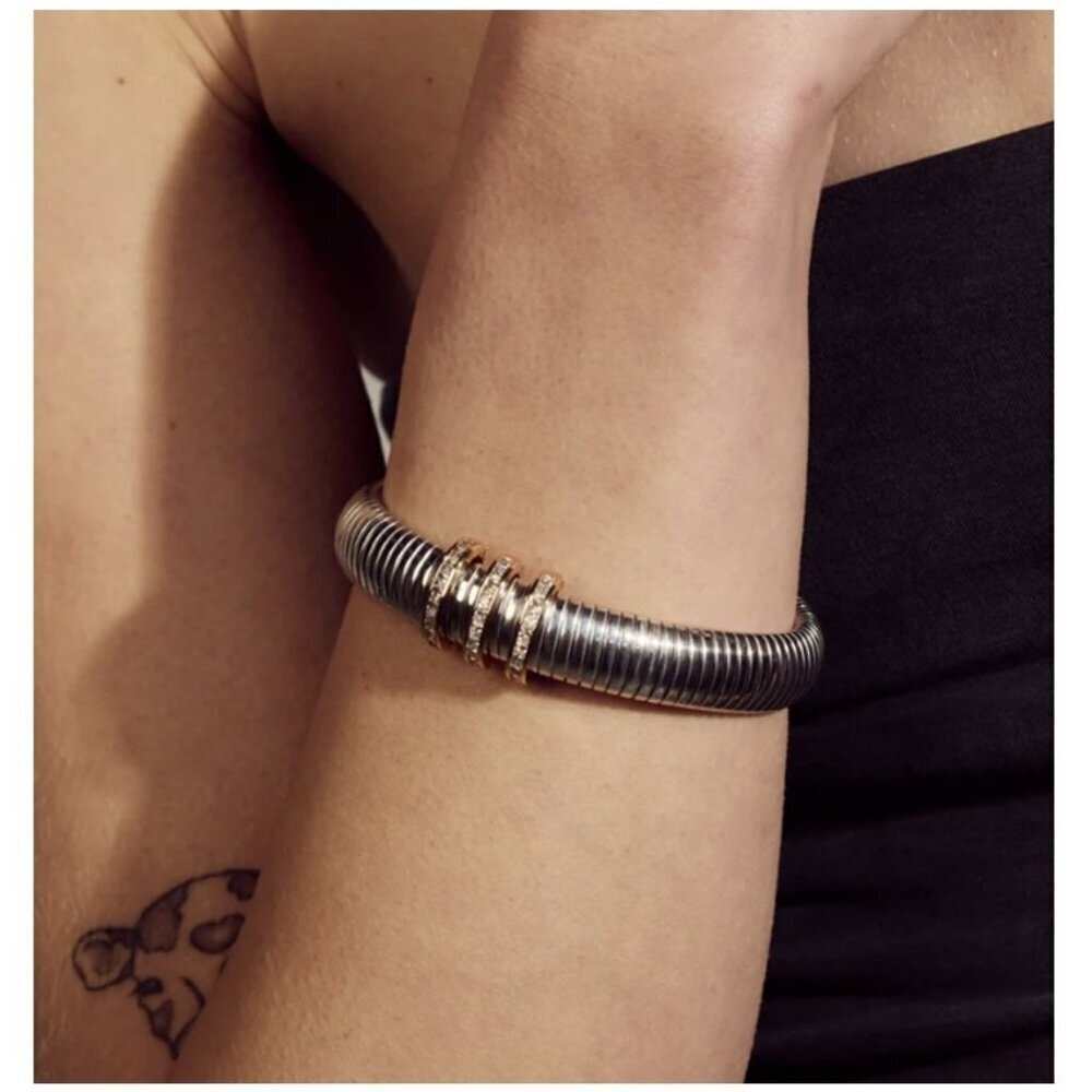 Pave Trio Snake Chain Two Tone Silver & Gold Band Bracelet